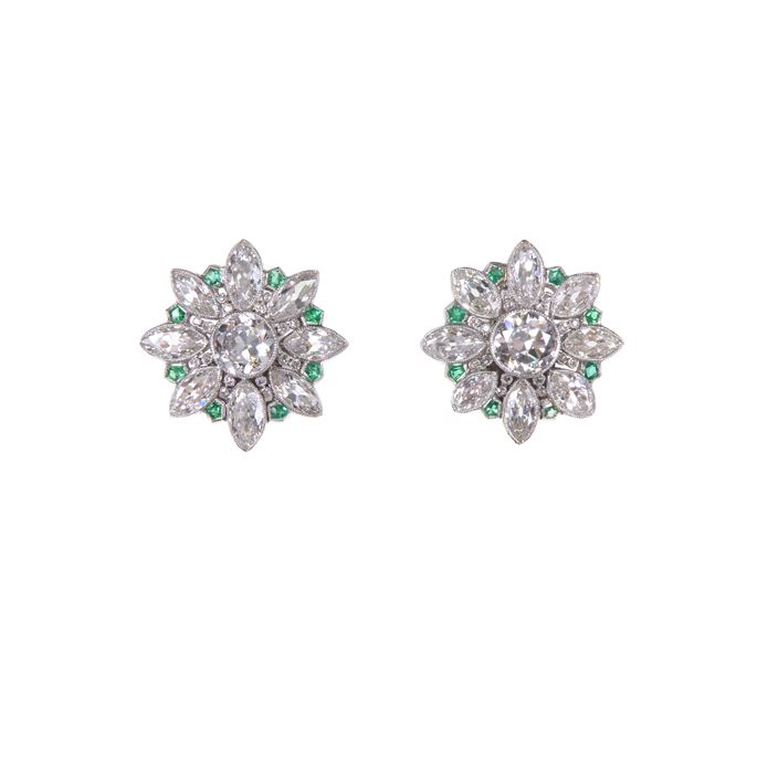 Pair of diamond and emerald earrings of flowerhead cluster design | MasterArt